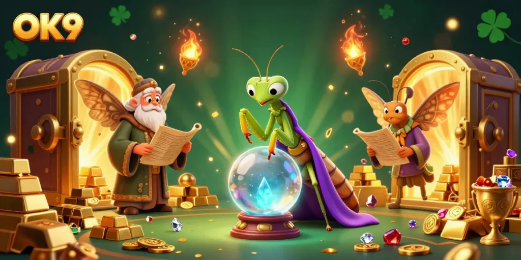 Experience the enchanting OK9 world of online gambling with fortune teller characters surrounded by treasures.