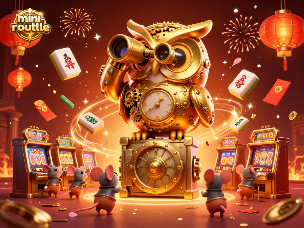 Experience the excitement of mini-roulette with a golden owl and animated casino elements in a vibrant setting.