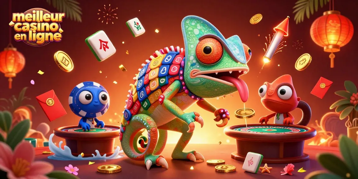 Illustration du meilleur casino en ligne avec un caméléon et des éléments de jeu captivants.