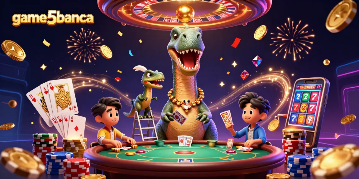Experience game5banca excitement with a 3D cartoon scene featuring dinosaurs and casino elements