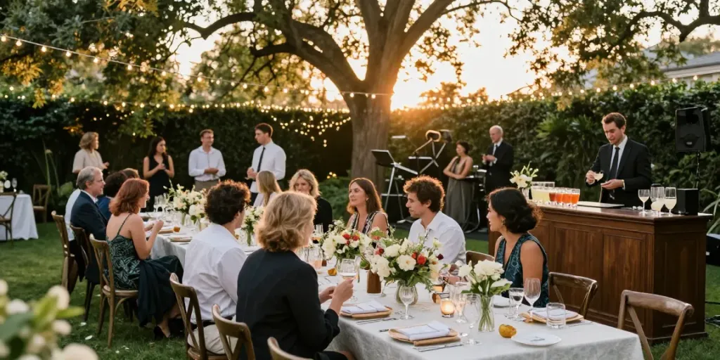 Event rentals setup in a beautiful garden for an elegant outdoor soirée.