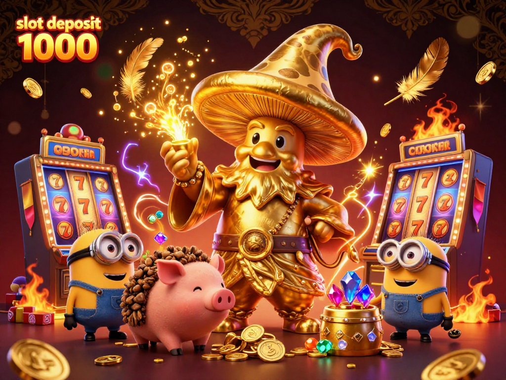 Spin and win with slot deposit 1000 in this vibrant 3D casino scene featuring wizardry and treasures.