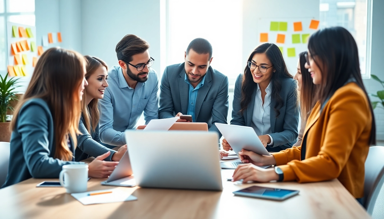 Enhance edmonton social media marketing strategies with a professional team collaborating in a vibrant office.