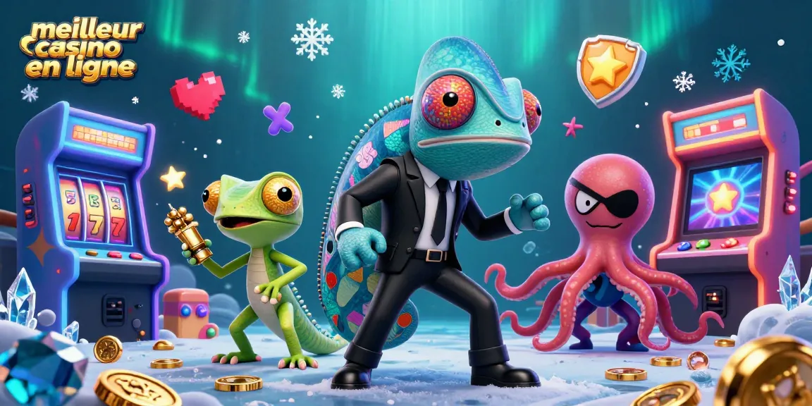 Visualisez le meilleur casino en ligne avec un caméléon agent secret, un gecko technologique, et une pieuvre, entourés d'éléments de jeux.