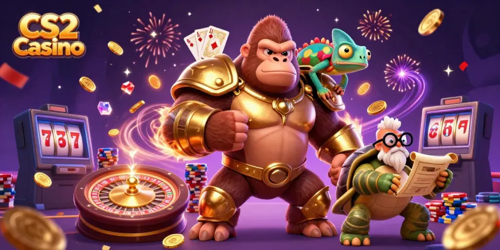 Engaging CS2 Casino scene featuring a gorilla in golden armor, a chameleon, and a tortoise, all surrounded by dynamic gameplay elements.