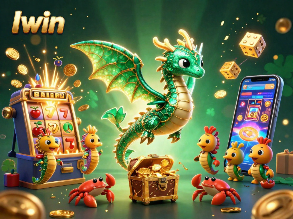 Iwin takes center stage in a vibrant casino scene with dragons, treasure, and slots.