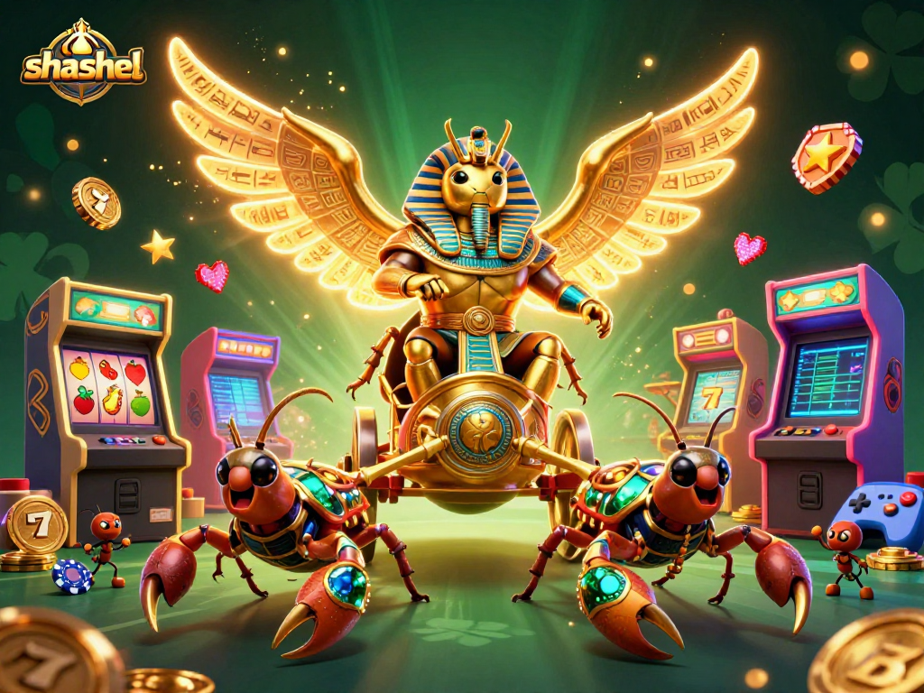Experience shashel's thrilling casino atmosphere with a golden scarab and scorpions amidst vibrant games.