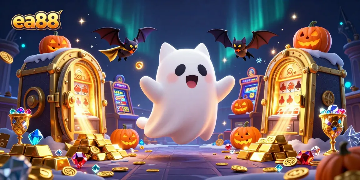 Experience thrilling gameplay at ea88 with our lively ghost cat and vampire bat in a haunted casino setting.