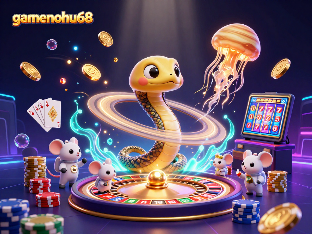 Spin the roulette at gamenohu68 with a vibrant cosmic scene featuring a Saturn snake and jellyfish dealer.