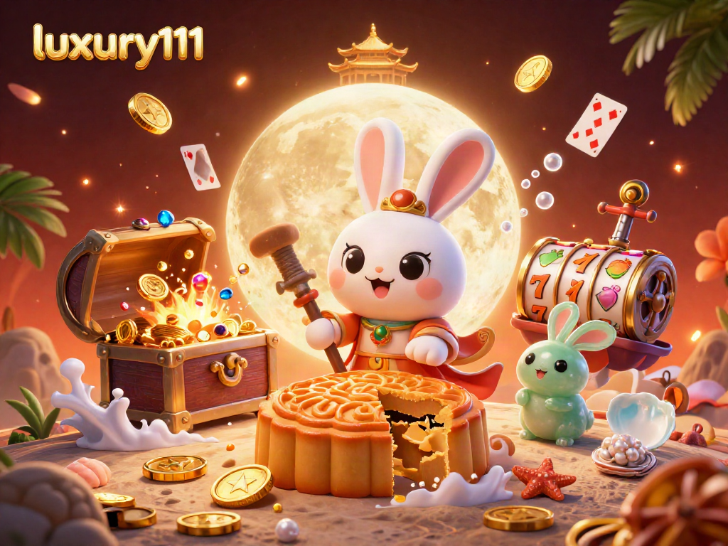 Experience the thrilling luxury111 gaming adventure with moon rabbits and poker chips in a vibrant 3D illustration.