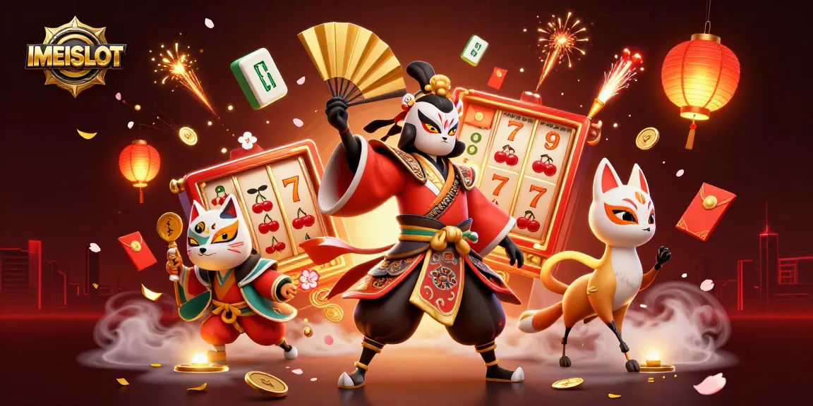 Engage with IMEISLOT's vibrant slot machine world, showcasing a kabuki warrior and lucky symbols.