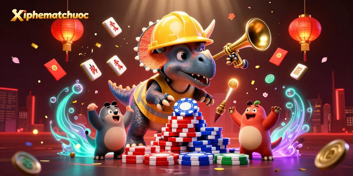 xiphematchuoc celebrates with a fun 3D illustration featuring a triceratops building poker chips in an exciting casino atmosphere