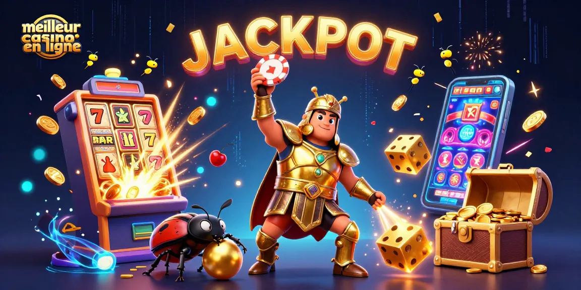 Visez le meilleur casino en ligne avec une illustration 3D montrant une scène de jackpot et des symboles de jeu.