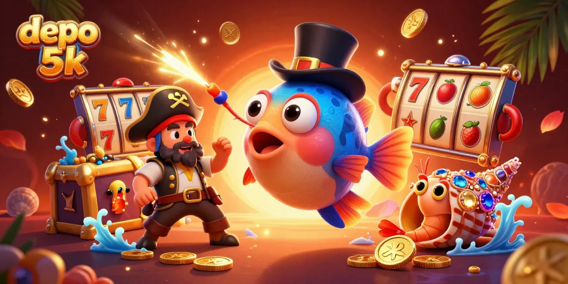 Menangkan jackpot di depo 5k dengan ilustrasi slot dan beruntung serta karakter unik.