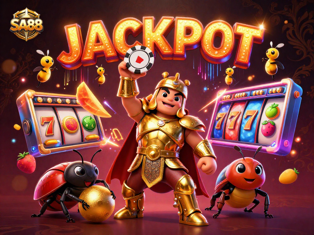 SA88 features a victorious beetle with a poker chip, alongside a dung beetle, in a vibrant casino-themed scene.