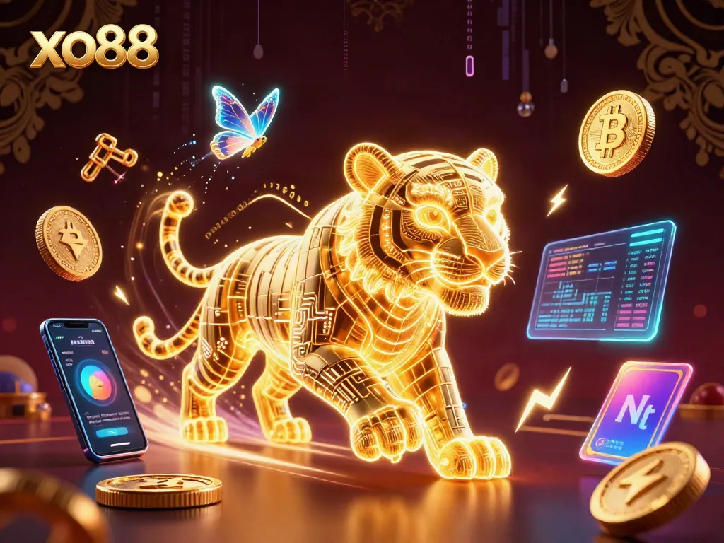 Experience exciting gaming at xo88, featuring a vibrant digital casino with a neon tiger and crypto elements.