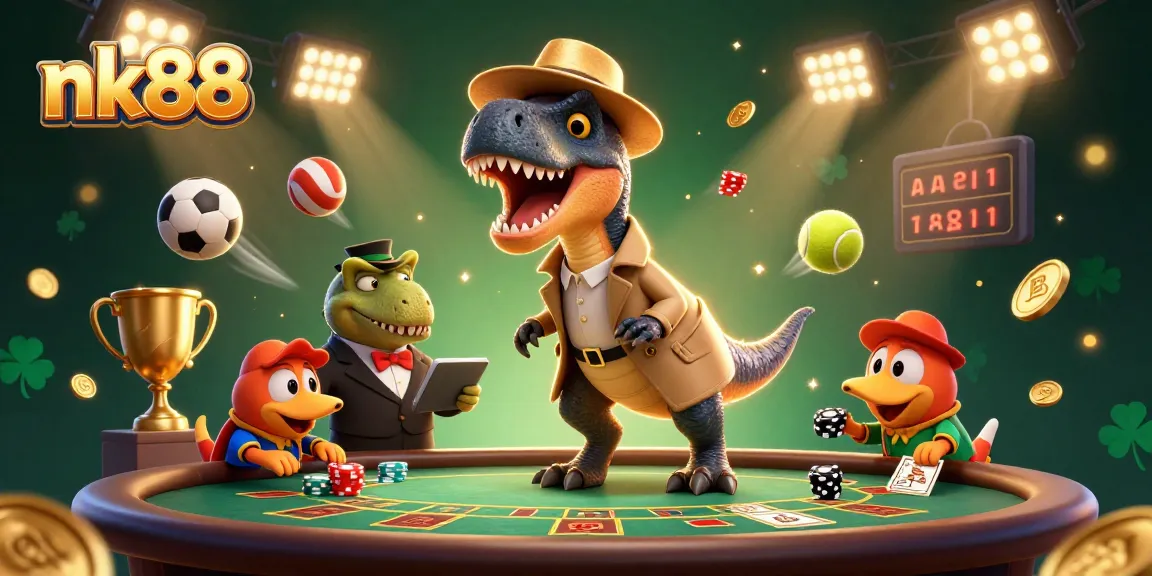 Experience thrilling betting action at nk88 with a velociraptor card counter, surrounded by dynamic sports elements.