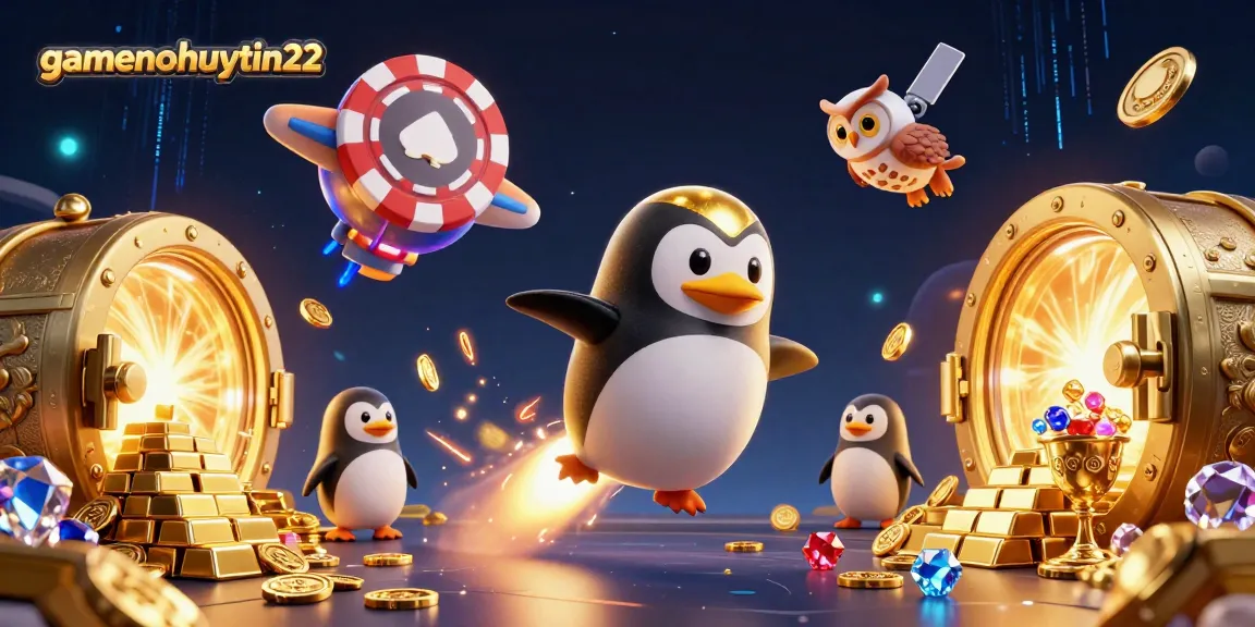 Experience the excitement of gamenohuuytin22 with a golden penguin racing towards casino riches.