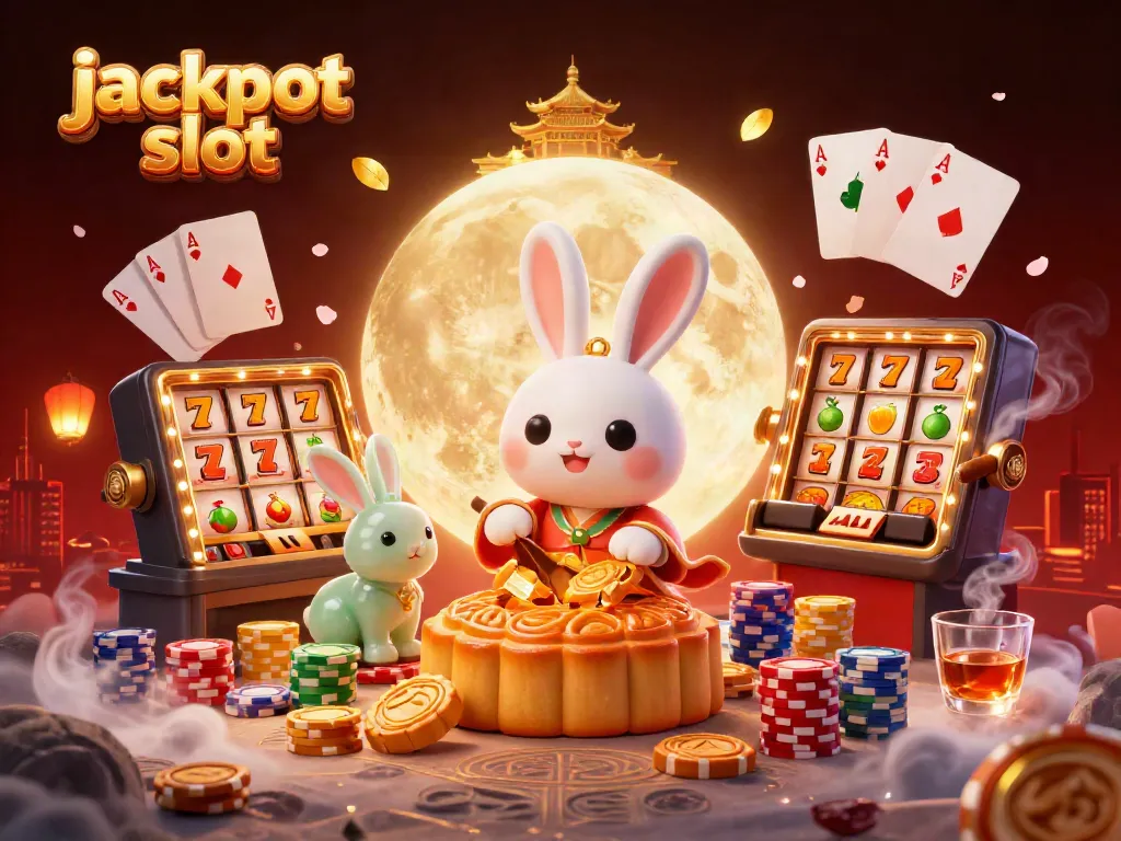 Jackpot slot scene with a lunar rabbit and poker chips revealing high payouts.