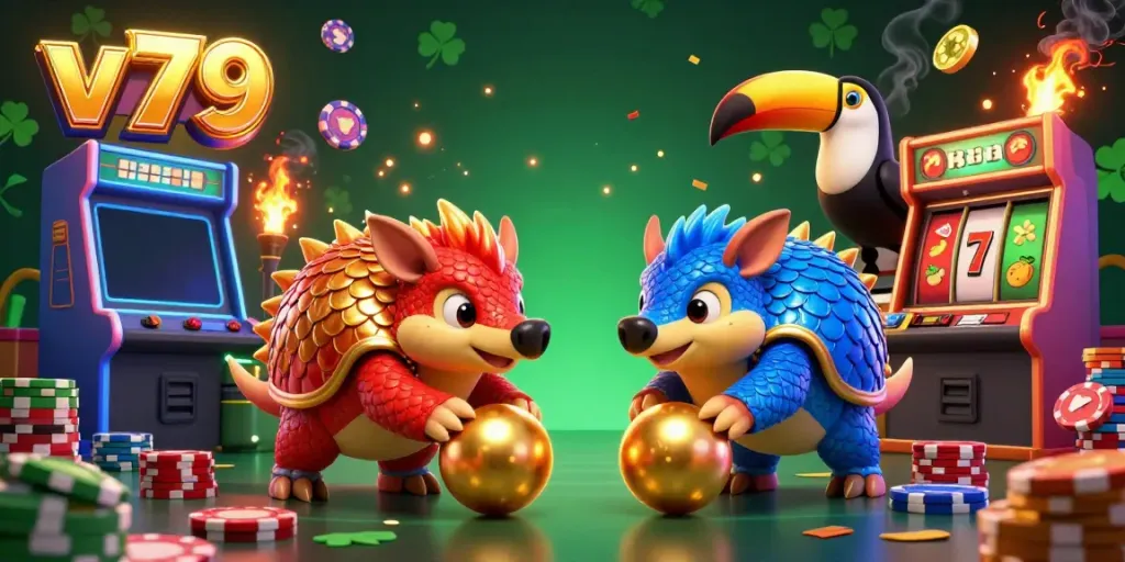 Engage and win at v79 with rival pangolins competing in a dynamic casino scene filled with vibrant game machines.