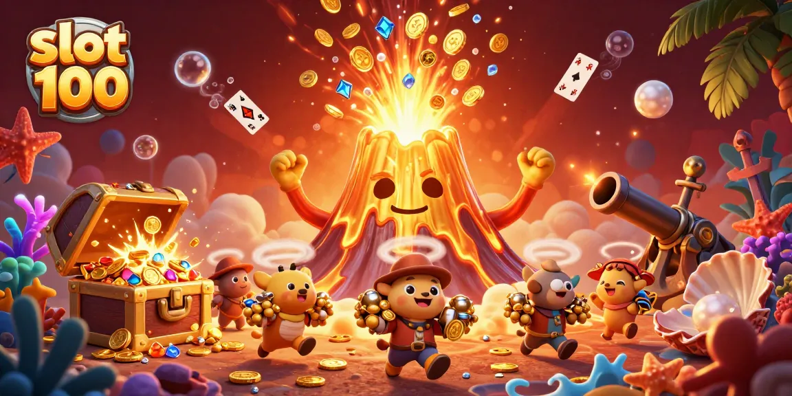 Experience the thrill of slot bet 100 with a vibrant scene of triumph and treasure in a golden volcanic setting.