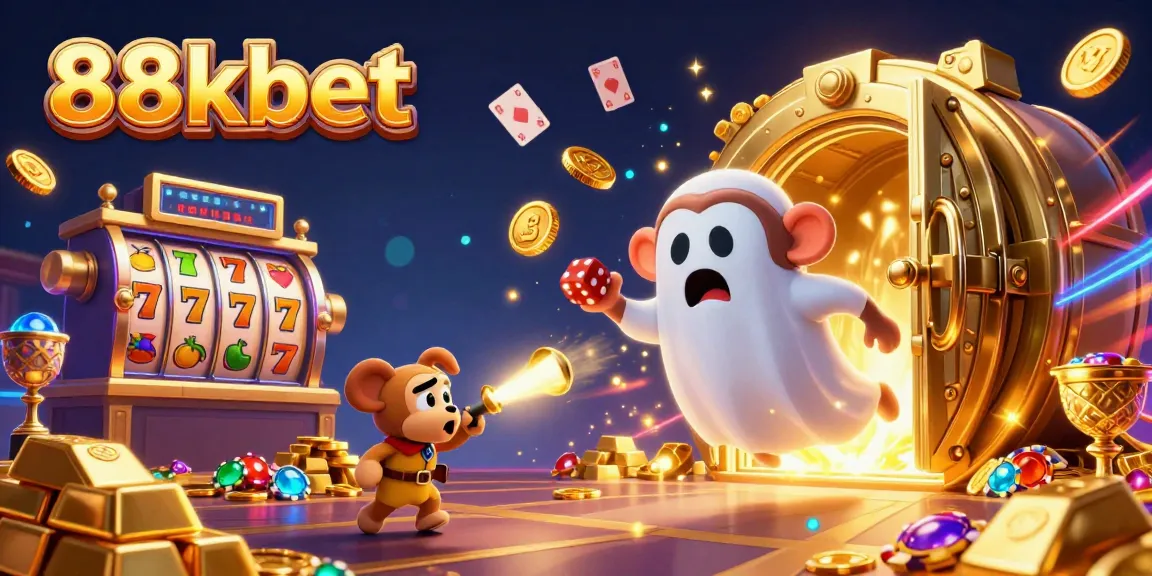 88kbet brings excitement with a playful ghost-hunter puppy and a mischievous monkey in a vivid casino.