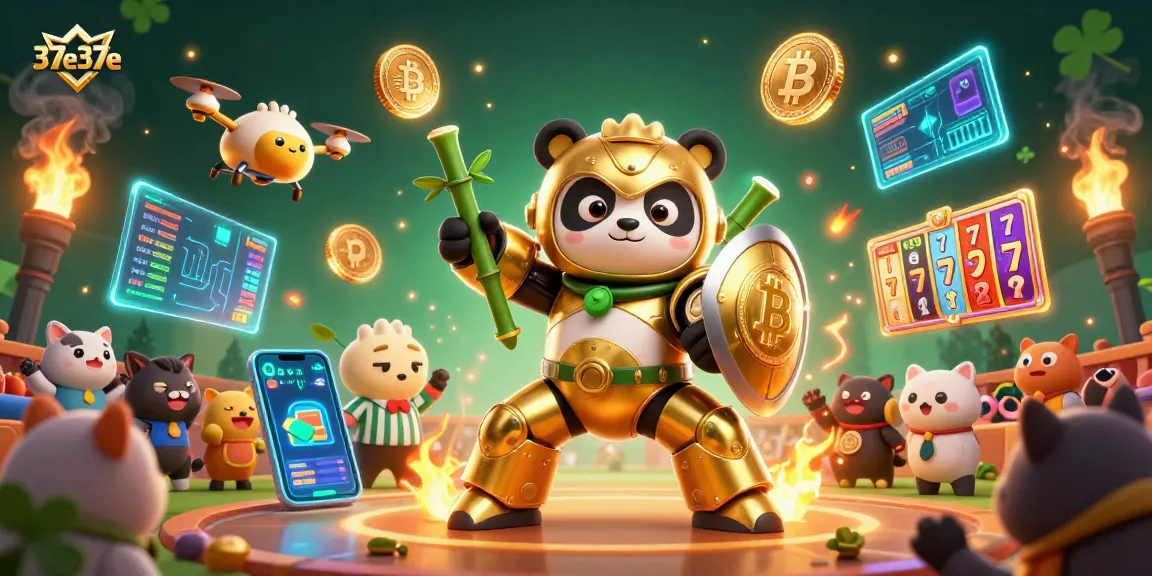Engage in thrilling gameplay with 37e37e's ultra-detailed 3D casino illustration featuring vibrant slot reels and crypto elements.