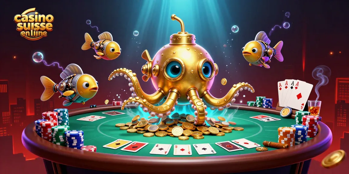 Illustration animée de casino suisse en ligne avec un kraken doré et des poissons mécaniques sur une mer de pièces d'or.