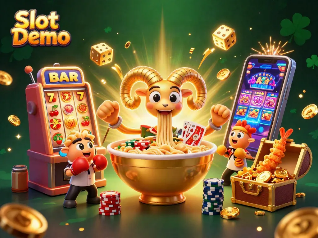 Experience thrilling Slot Demo action with a vibrant 3D casino illustration packed with colorful characters.