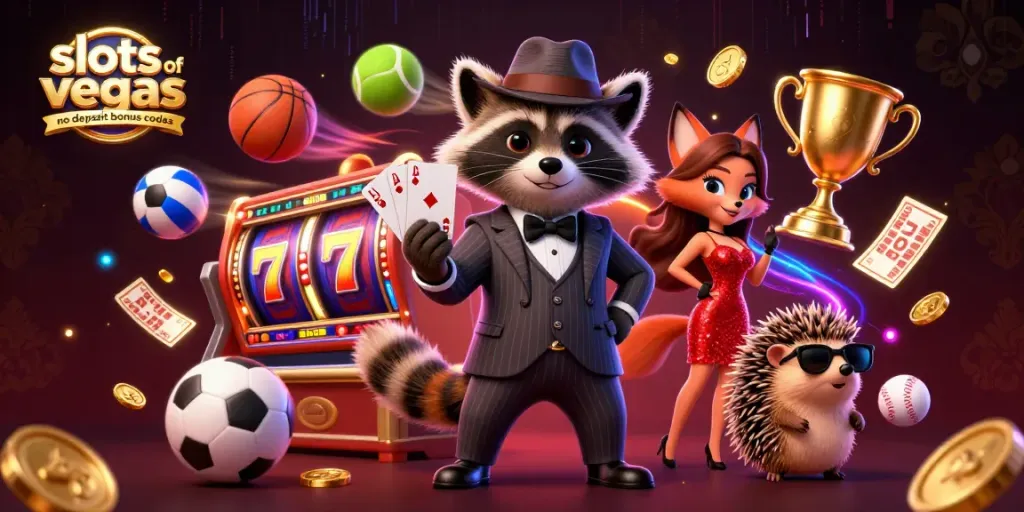 Experience slots of vegas no deposit bonus codes with a raccoon holding a royal flush amid dynamic casino elements.