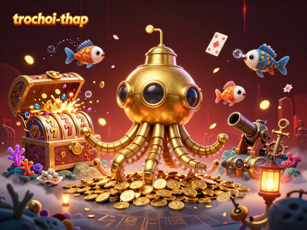 Engage in thrilling trochoi-thap gameplay with a golden kraken submarine amidst treasures and excitement.