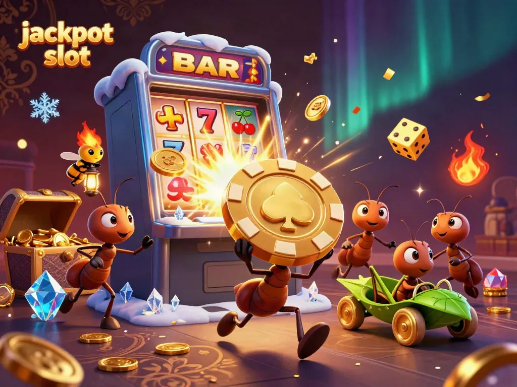 Engaging cartoon scene featuring jackpot slots with playful ants, a firefly lookout, and a grasshopper driver.