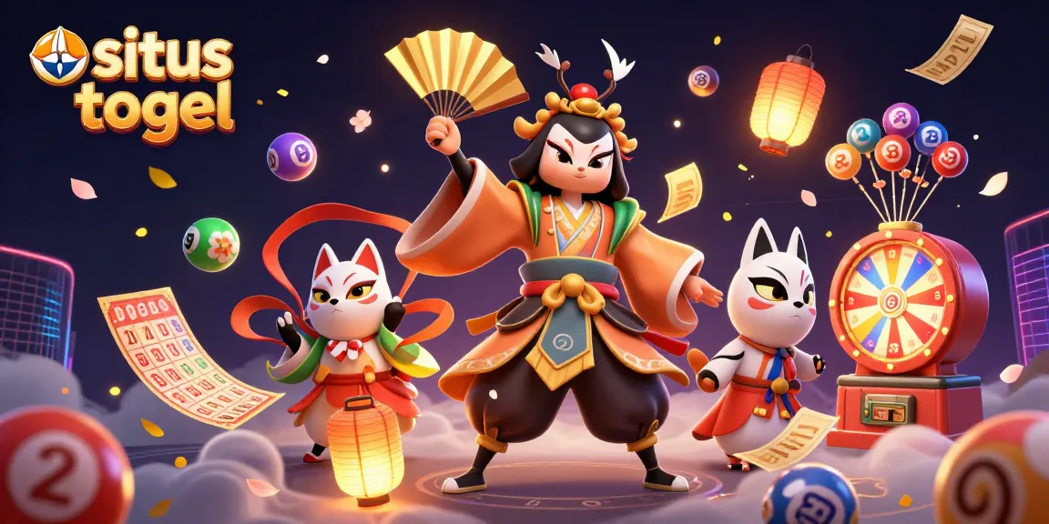Raih kemenangan di situs togel dengan gambar karakter kabuki dan elemen permainan meriah.