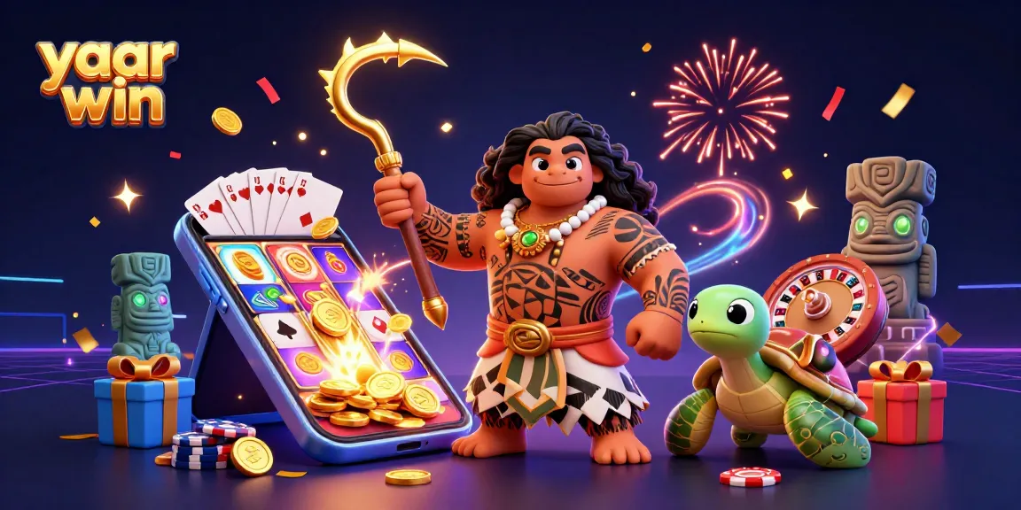 Experience the thrill of yaar win with a vibrant 3D illustration showcasing slot games and rich casino elements.