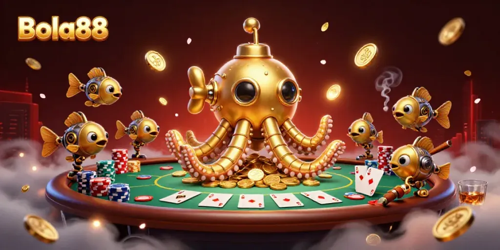Bola88 showcases a vibrant cartoon scene of a golden kraken submarine amidst wealth and poker elements.