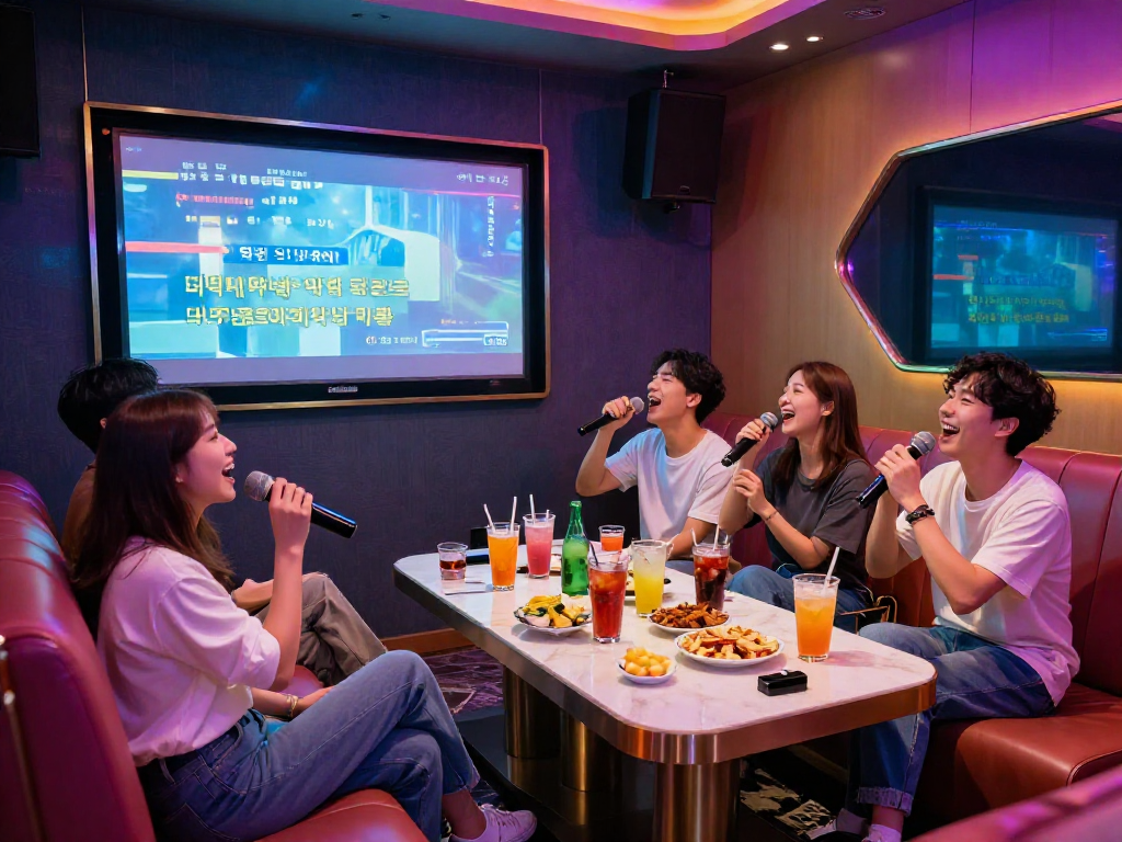 강남 유앤미 가라오케에서 즐거운 시간을 보내는 친구들 모습, 화려한 조명과 즐길 거리들이 가득한 프라이빗 룸