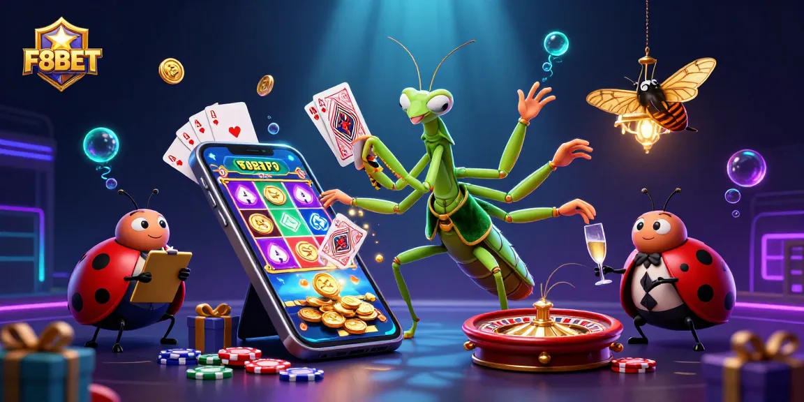 F8BET showcasing a lively casino scene with a giant praying mantis, ladybug pit boss, and vibrant slot game.