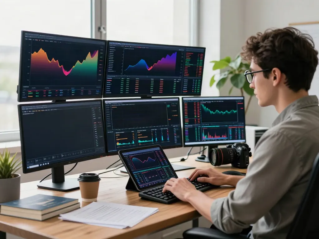Trader analyzing tradingview官网 charts and data in a professional workspace