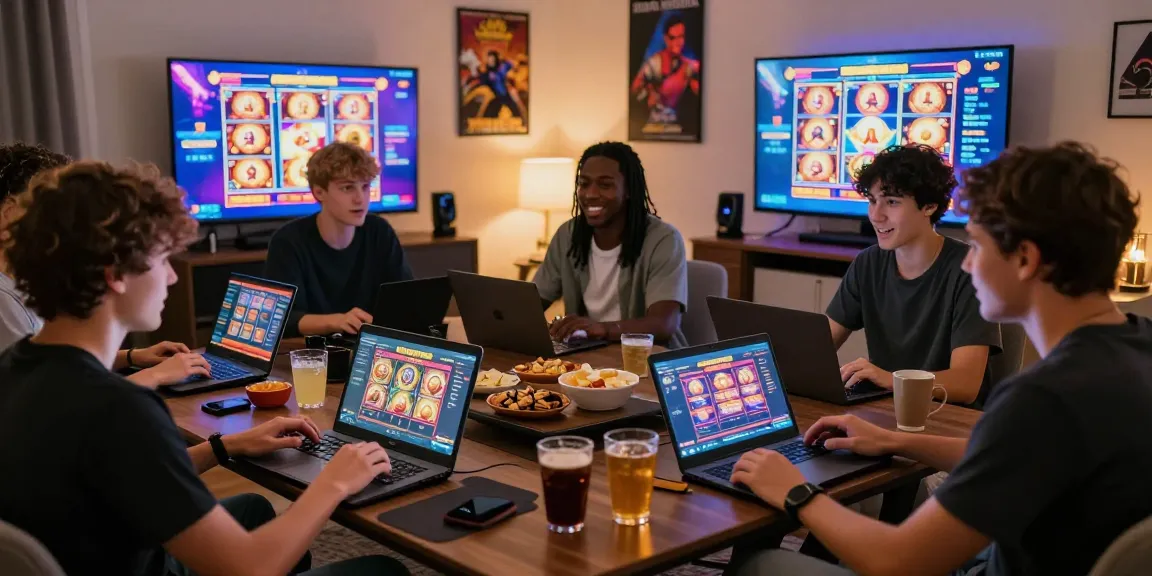 Players enjoying MPOCASH online slots in a lively home gaming setup.