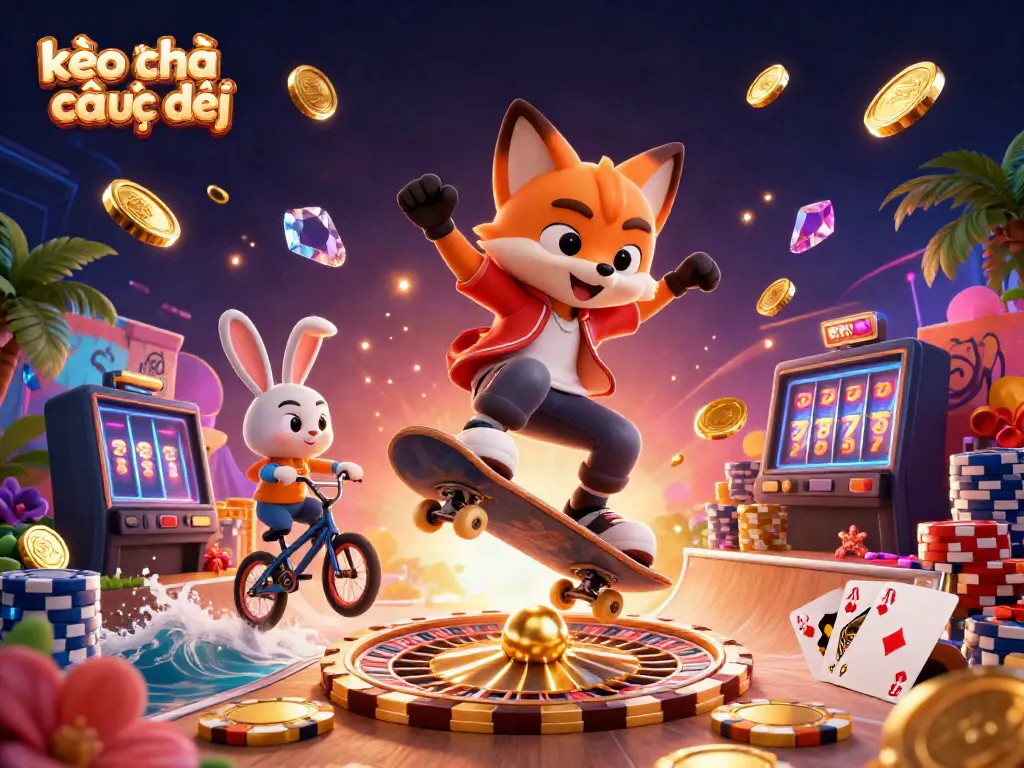 Experience kèo nhà cái trực tiếp with action-packed 3D illustration featuring betting-themed characters and vibrant casino elements.