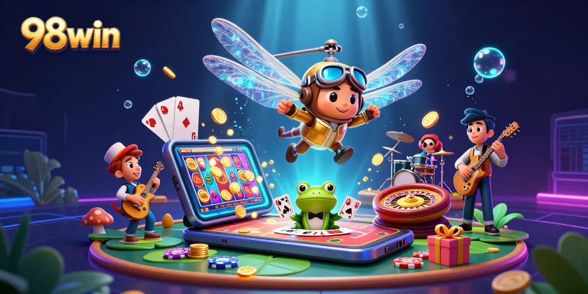 Experience the thrilling 98win casino world with the dragonfly pilot and frog croupier.
