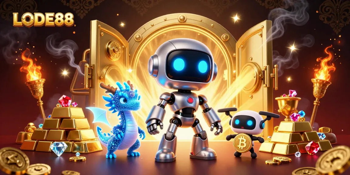 Experience LODE88's vibrant casino world with a cyberpunk robot and glowing treasures.