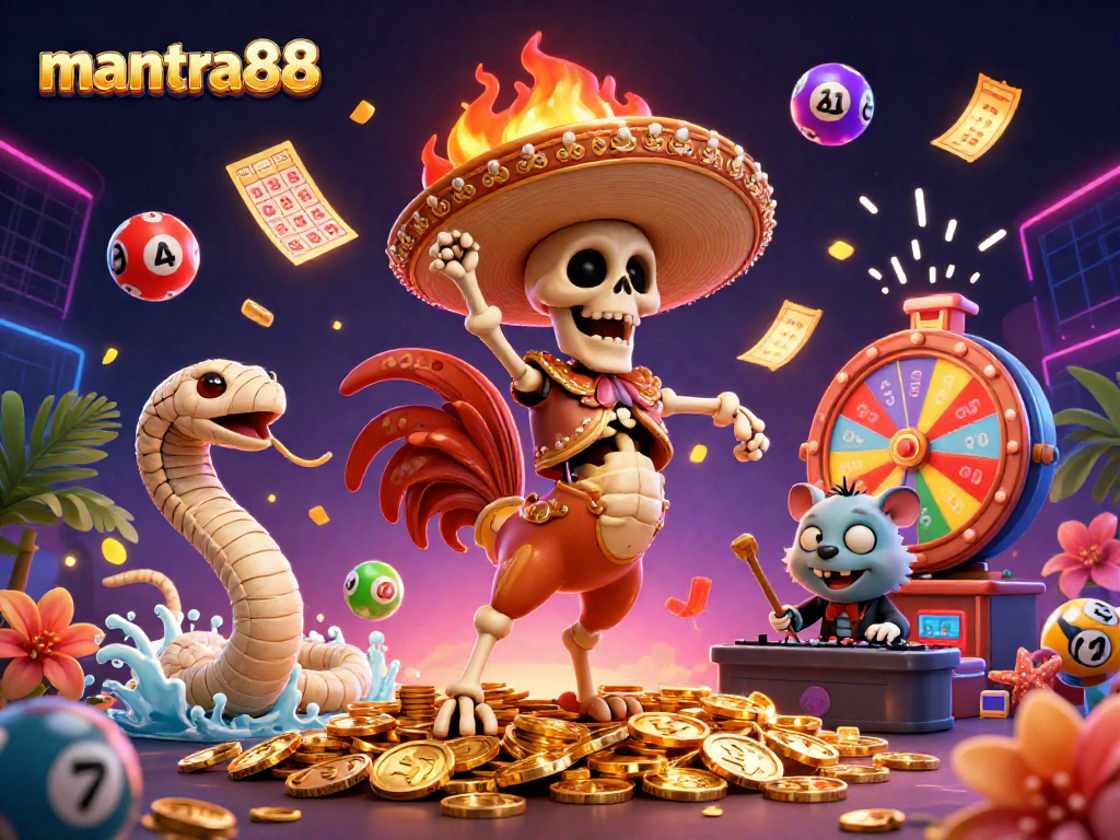 Experience excitement with mantra88 in a vibrant 3D casino scene featuring dynamic game elements and colorful characters.
