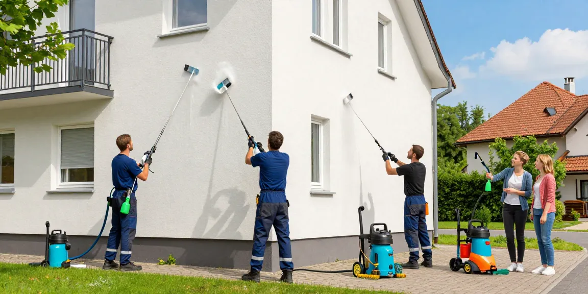 Reinigung Borgentreich – Fachmänner bei der Fassadenreinigung eines Wohnhauses mit umweltschonenden Mitteln.