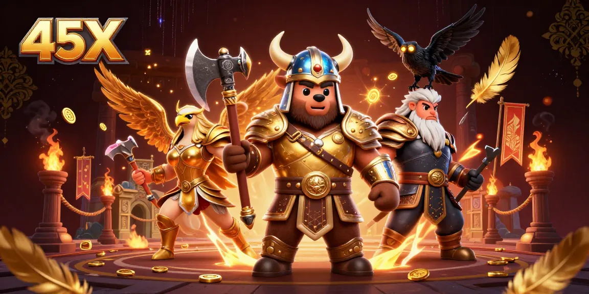 Engage with the vibrant 45X casino scene featuring Viking bear and Valkyrie eagle in action.