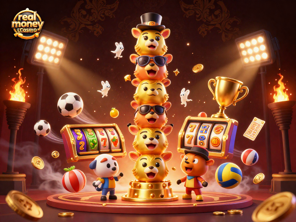 Experience the excitement of a real money casino with vibrant 3D illustrations revealing slot machines and casino elements.