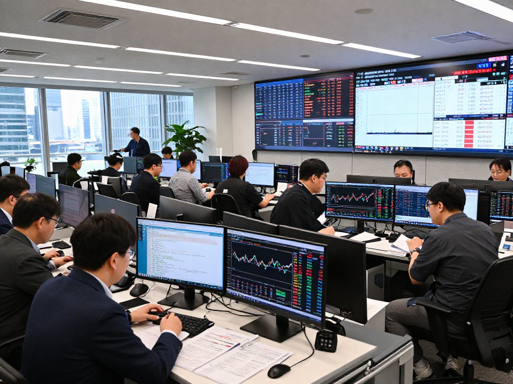 KOSPI Index trading scene with diverse traders analyzing stock market data