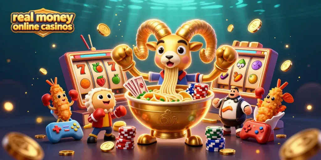 Engaging scene of real money online casinos with a golden ramen bowl character and playful casino elements.
