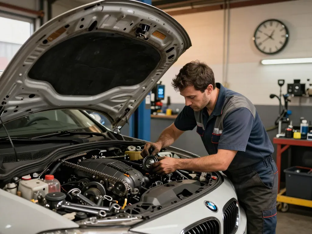 bmw steuerkette wechseln in einer professionellen Werkstatt mit Mechaniker