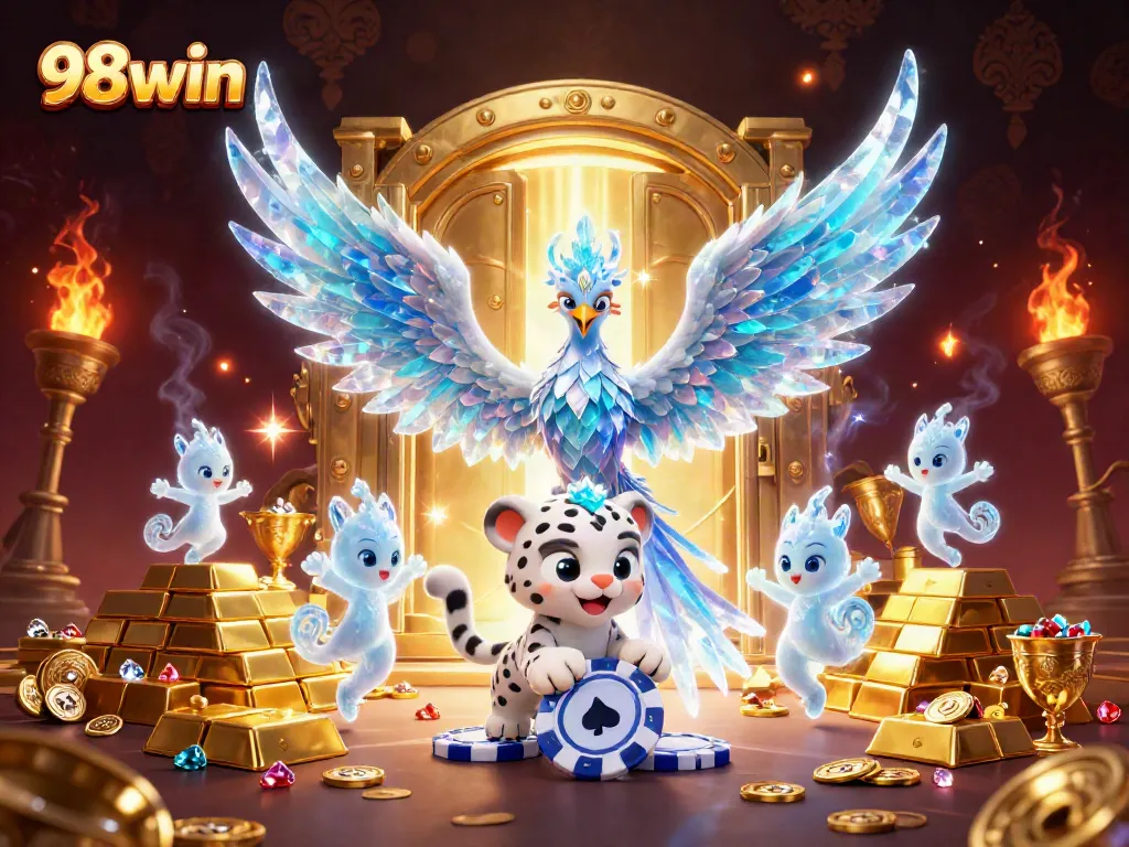 Experience the thrilling world of 98win with an ice phoenix, reflecting joy and treasures in this vibrant illustration.